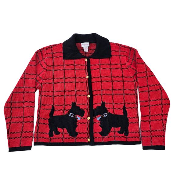 Scottie Dog Cardigan Petite Med Crystal Kobe Red Black Plaid PM Knit VTG Sweater - Picture 10 of 10